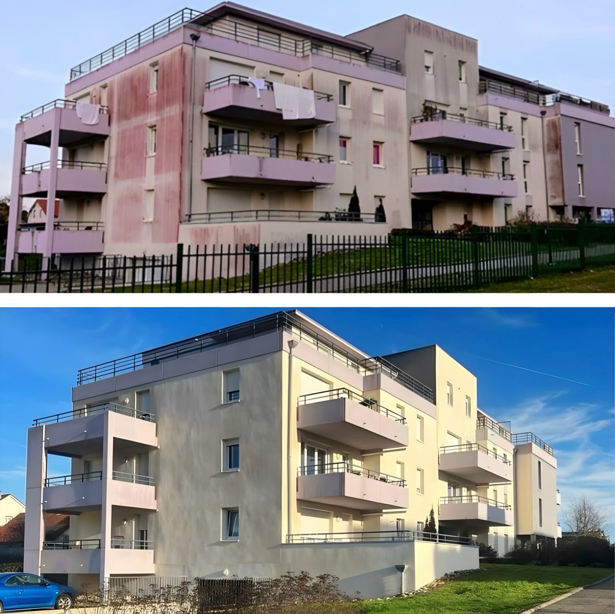 Nettoyage de façade d’immeuble en copropriété à Rennes par drone – résultat avant/après