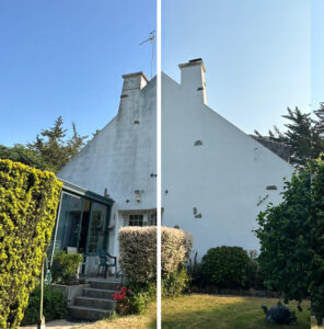 Résultat avant et après d’un nettoyage de façade sans échafaudage en Bretagne