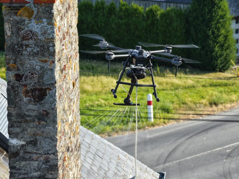Drone appliquant un traitement autour d'une cheminée sur une toiture en ardoise